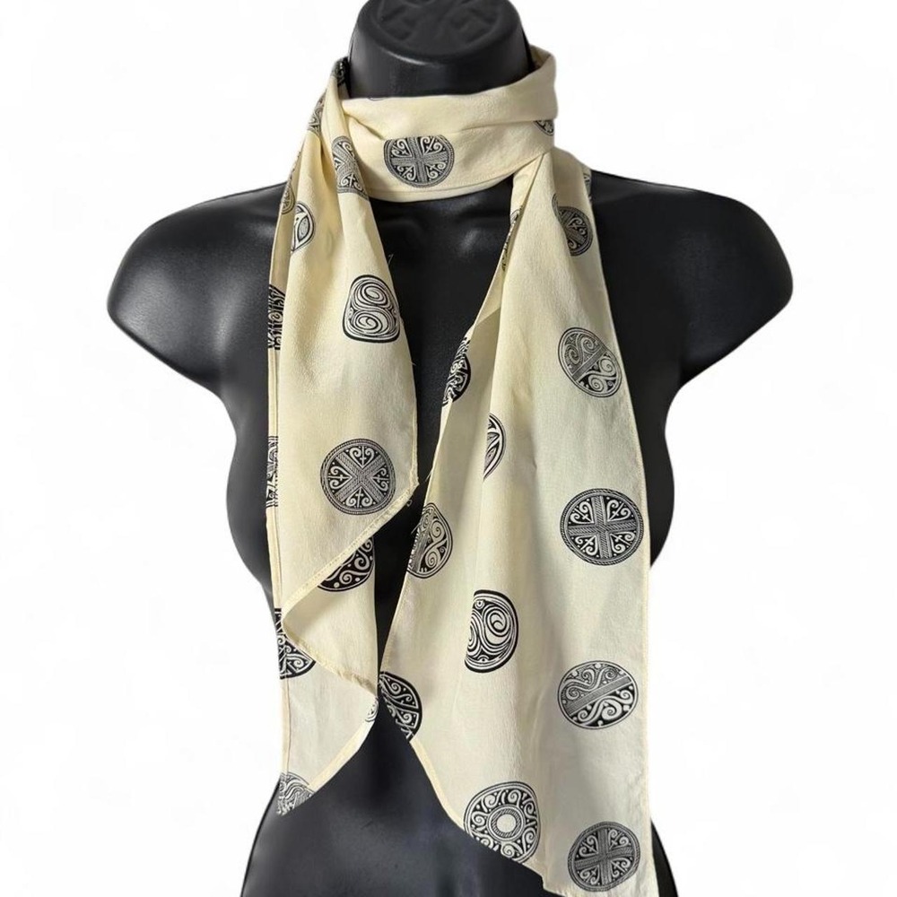 Whimsigoth Cream Celtic Medallion Spiral Pattern Skinny Neck Scarf